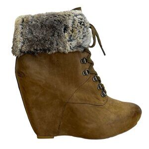 Boutique 9 Women’s Brown Leather & Faux Fur-Lined Daphnea Wedge Boots Sz 7.5M